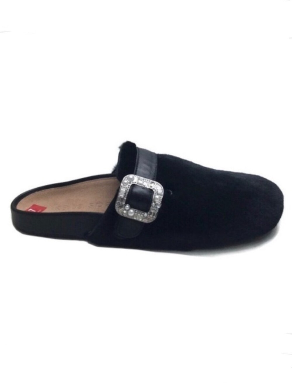New Kate Spade Cici Faux Fur Jewel Embellished Buckle Slip-On Black Mules Size 7